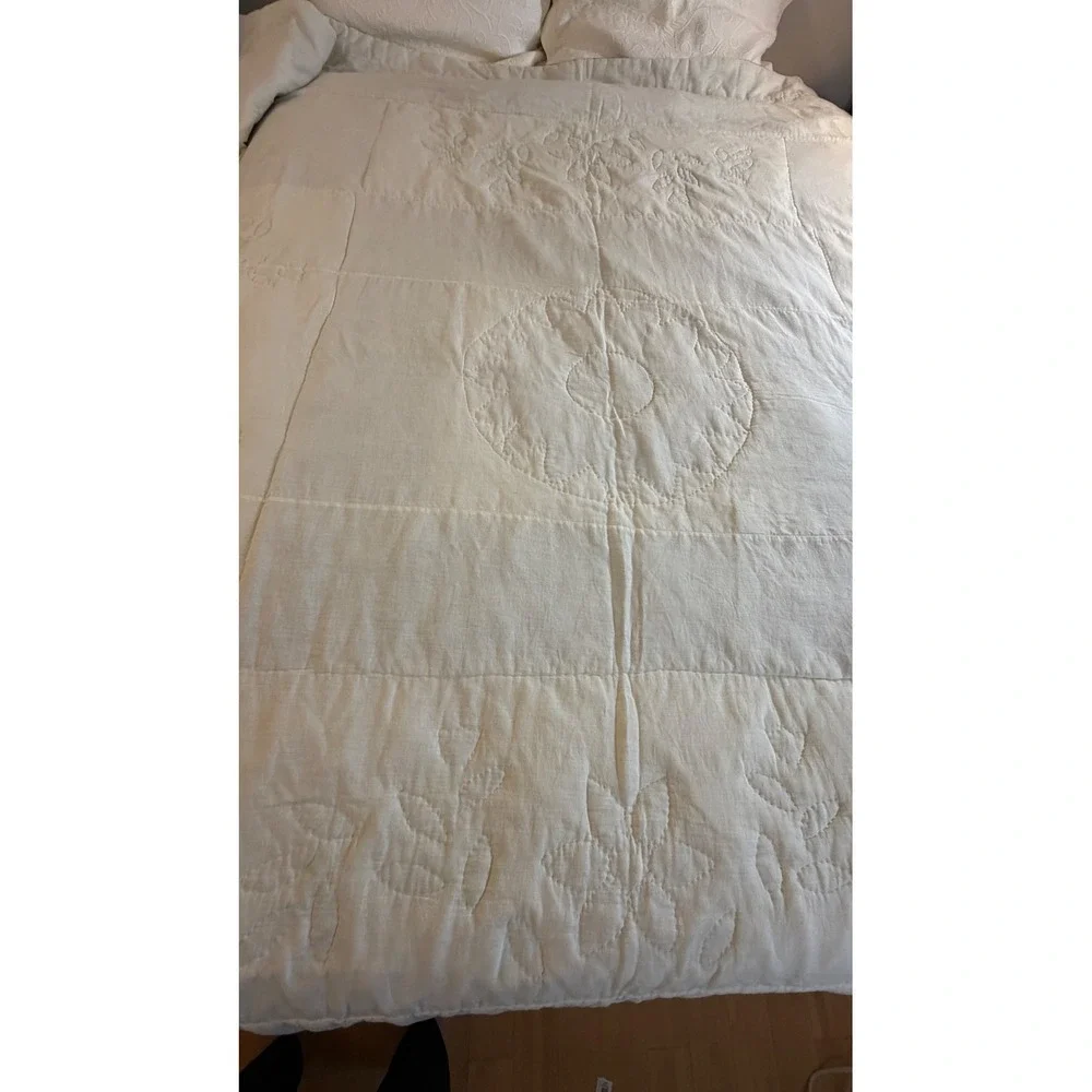 Vintage Floral Appliqué Quilt Full Queen 82x80 Cottage Country Ramie Cotton